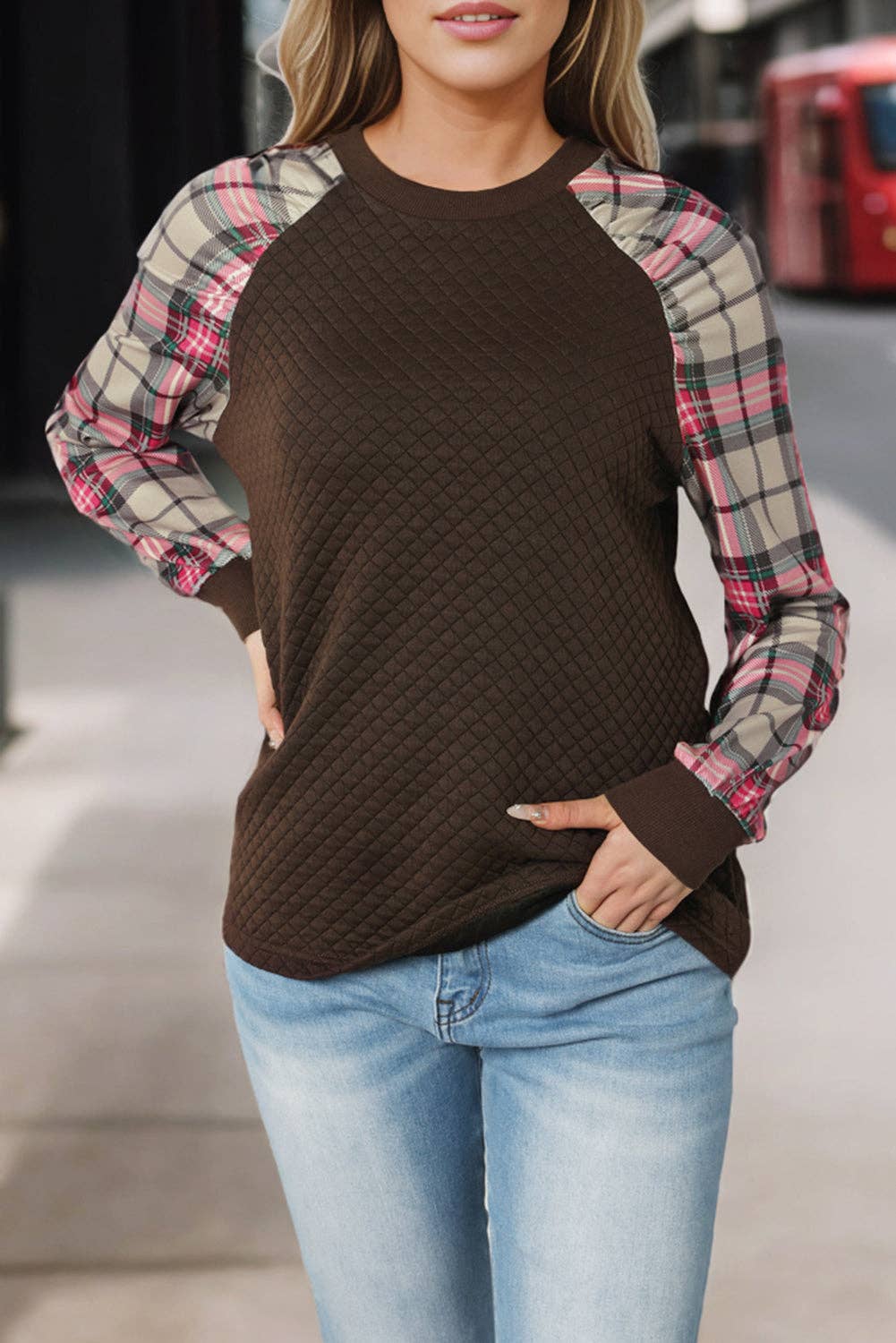 Brown Plaid Raglan Quilted Long Sleeve Sweatshirt