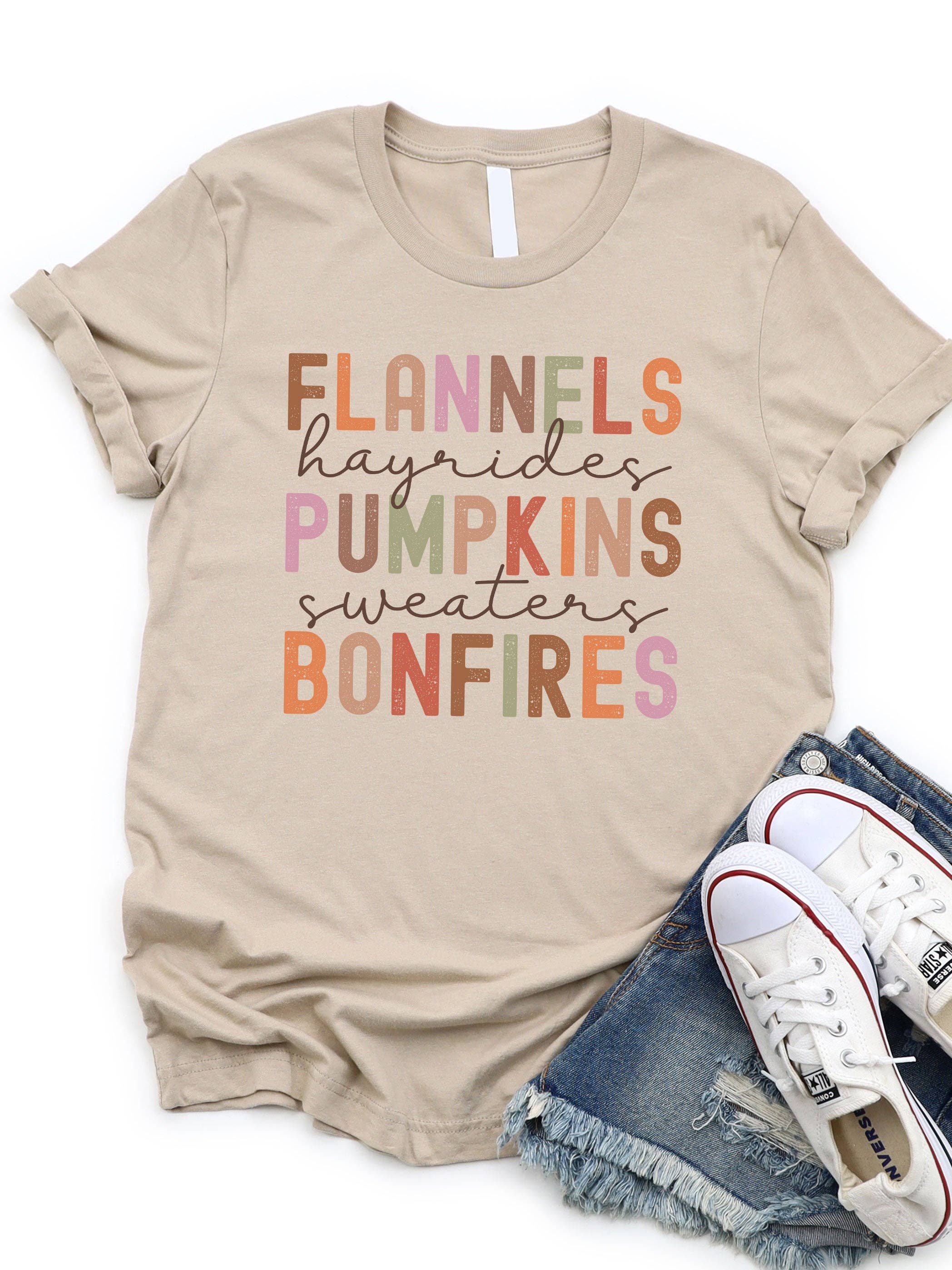 Flannels Pumpkin Bonfires Fall Things Graphic Tee