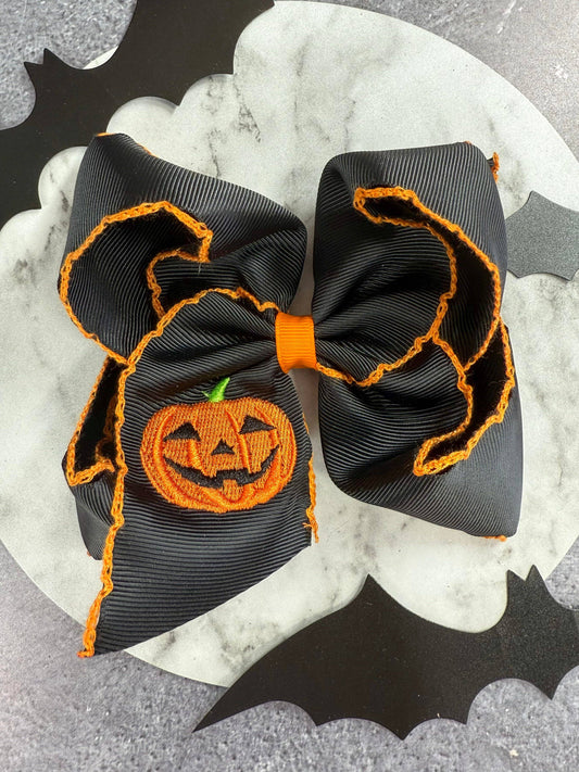 Jack-o-Latern Embroidered Moonstitch Hair Bow: Halloween