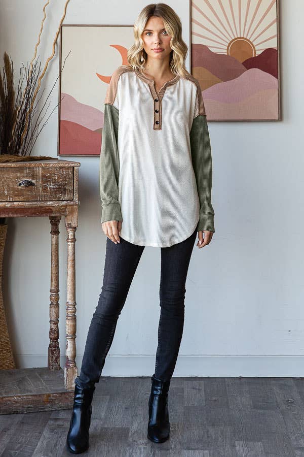 Rib Color Block Oversized Button Front Long Sleeve Top