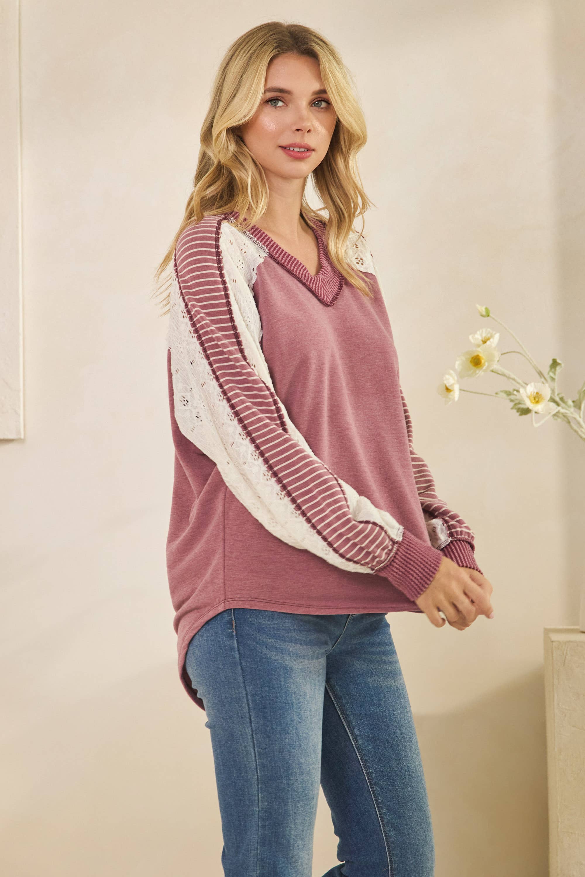 Multi Fabric Contrast V Neck Long Sleeve Top