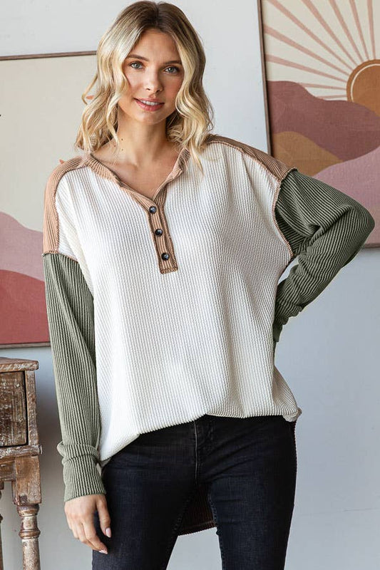 Rib Color Block Oversized Button Front Long Sleeve