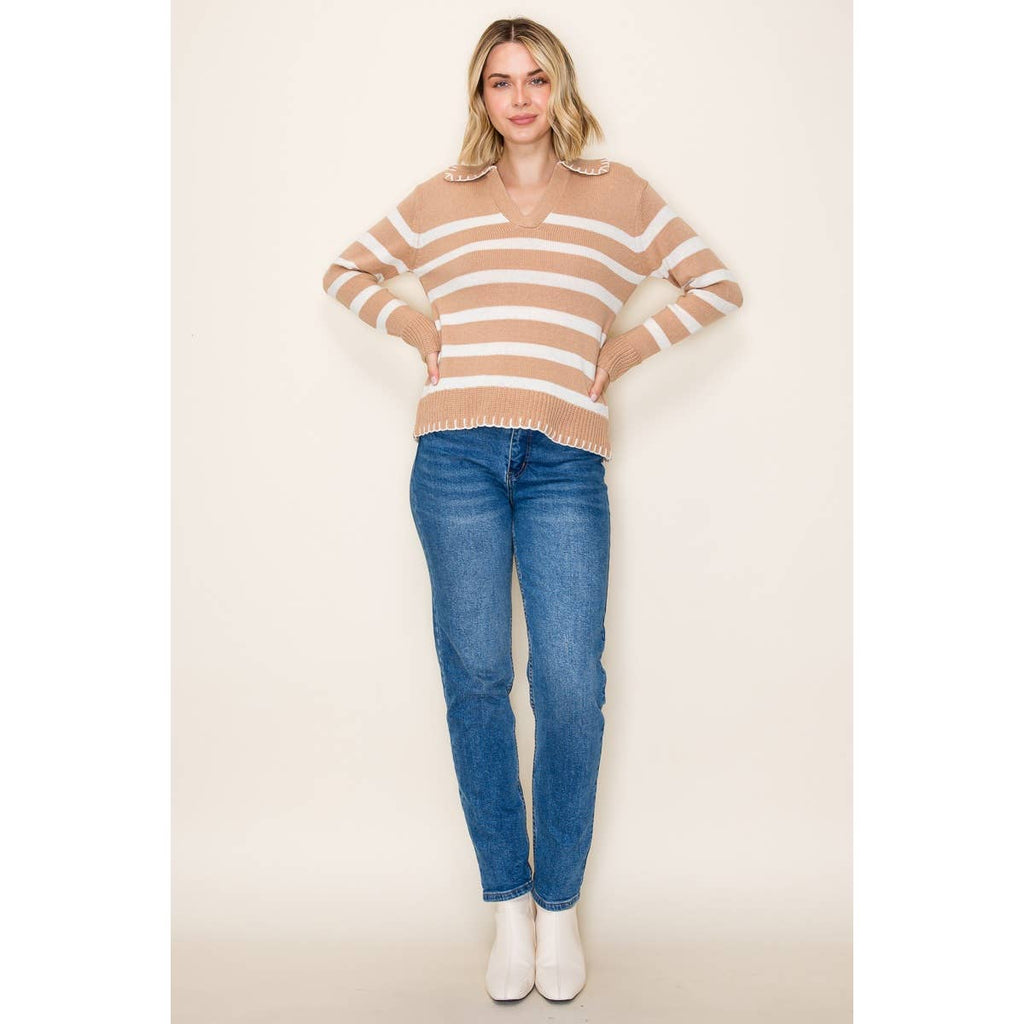 BLANKET STICH COLLAR STRIPED SWEATER