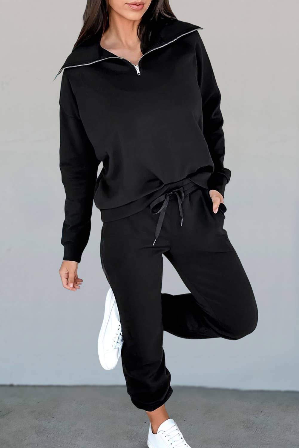 Solid Zip Collar Long Sleeve Top & Pants Set | S-XL