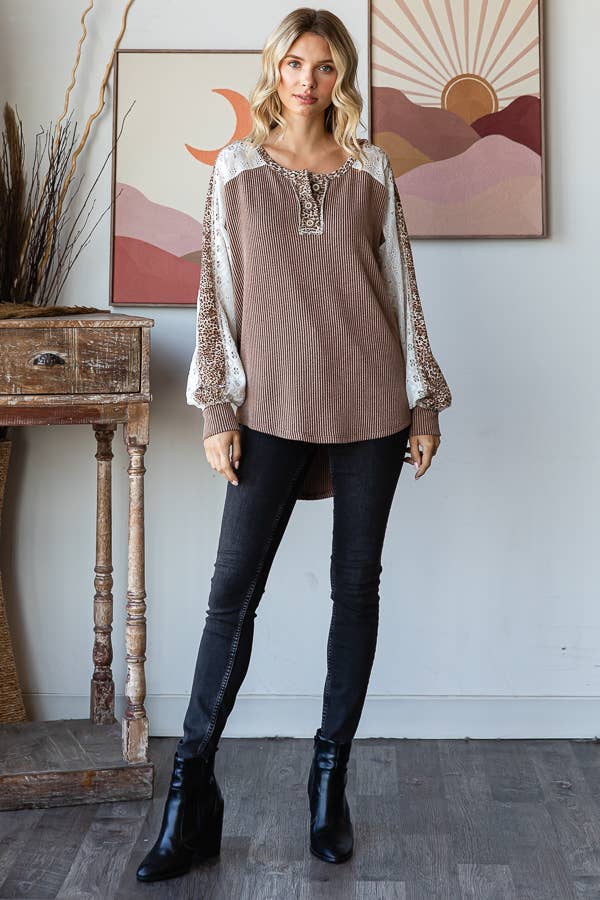 Color Block Animal Contrast Button Front Pullover Top