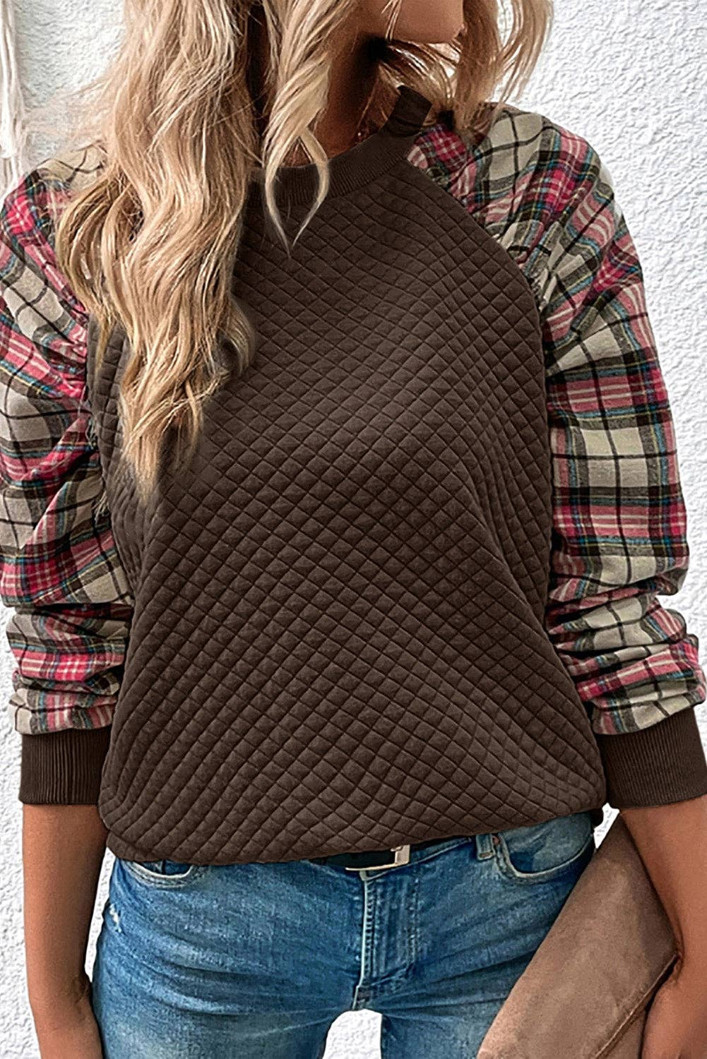 Brown Plaid Raglan Quilted Long Sleeve Sweatshirt