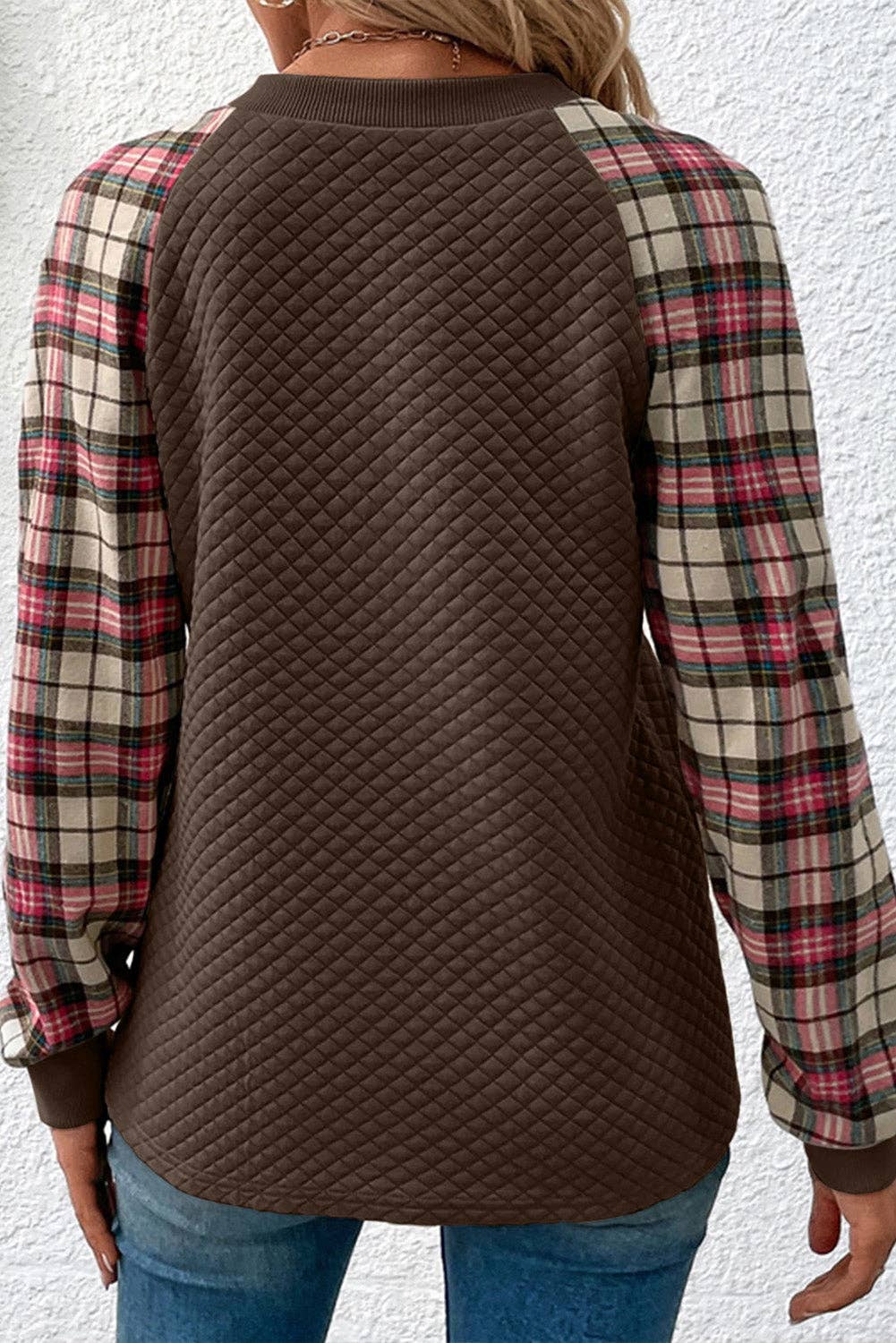 Brown Plaid Raglan Quilted Long Sleeve Sweatshirt