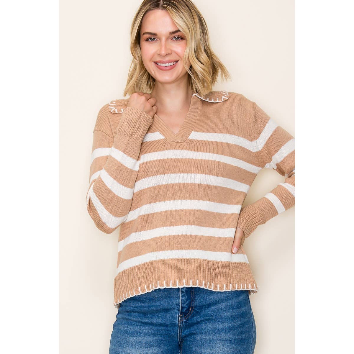 BLANKET STICH COLLAR STRIPED SWEATER