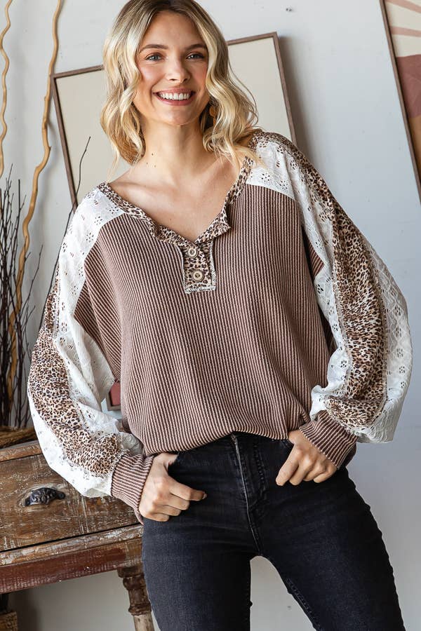 Color Block Animal Contrast Button Front Pullover Top