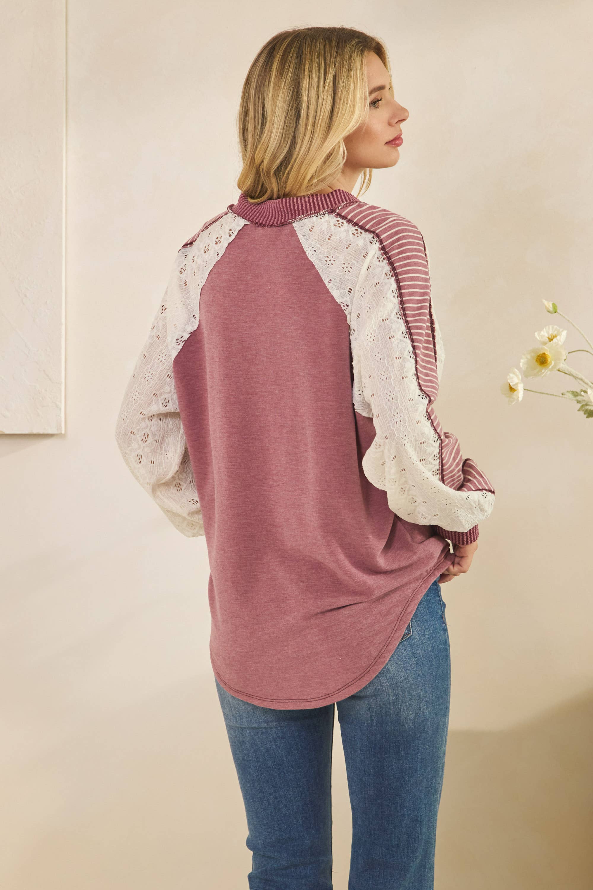 Multi Fabric Contrast V Neck Long Sleeve Top