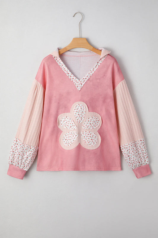 Floral Patchwork Waffle Hooded Top -  Pink
