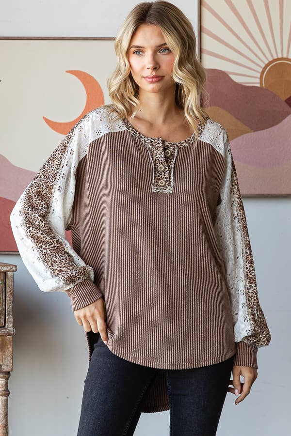 Color Block Animal Contrast Button Front Pullover Top