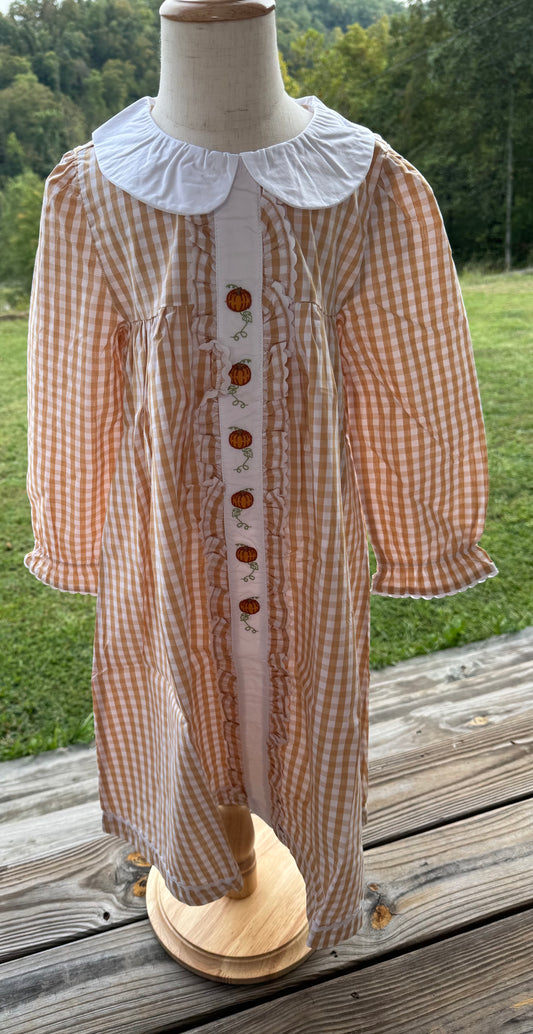 Light Brown Gingham Pumpkin Vine Ruffle Dress