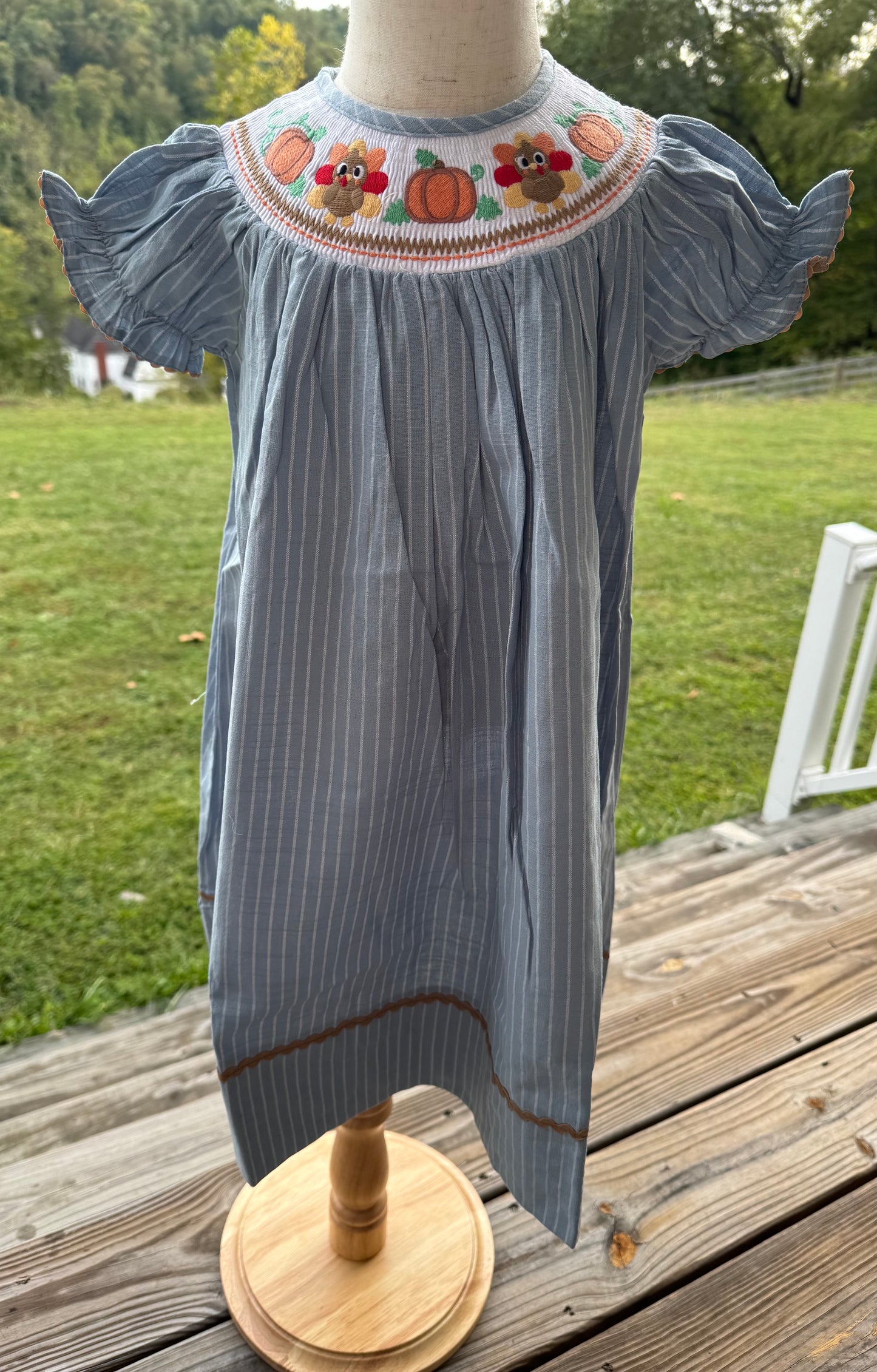 Light Blue Pinstripe Turkey Smocked Bishop Dress