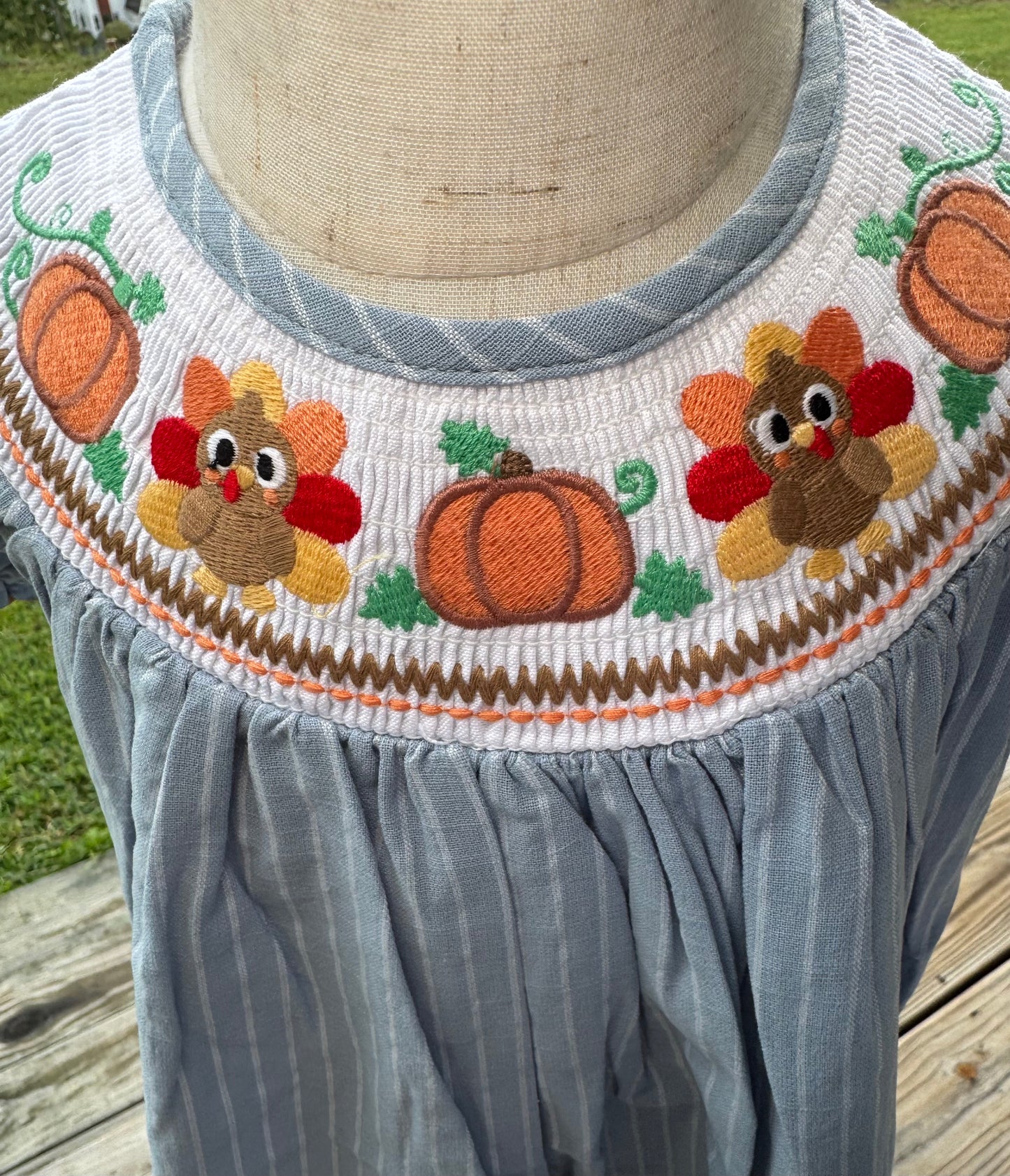Light Blue Pinstripe Turkey Smocked Bishop Dress