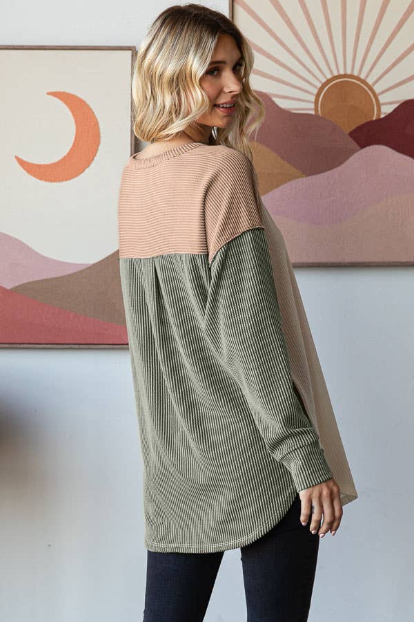 Rib Color Block Oversized Button Front Long Sleeve Top