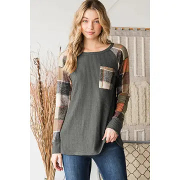 Solid Waffle and Plaid Top with Pocket