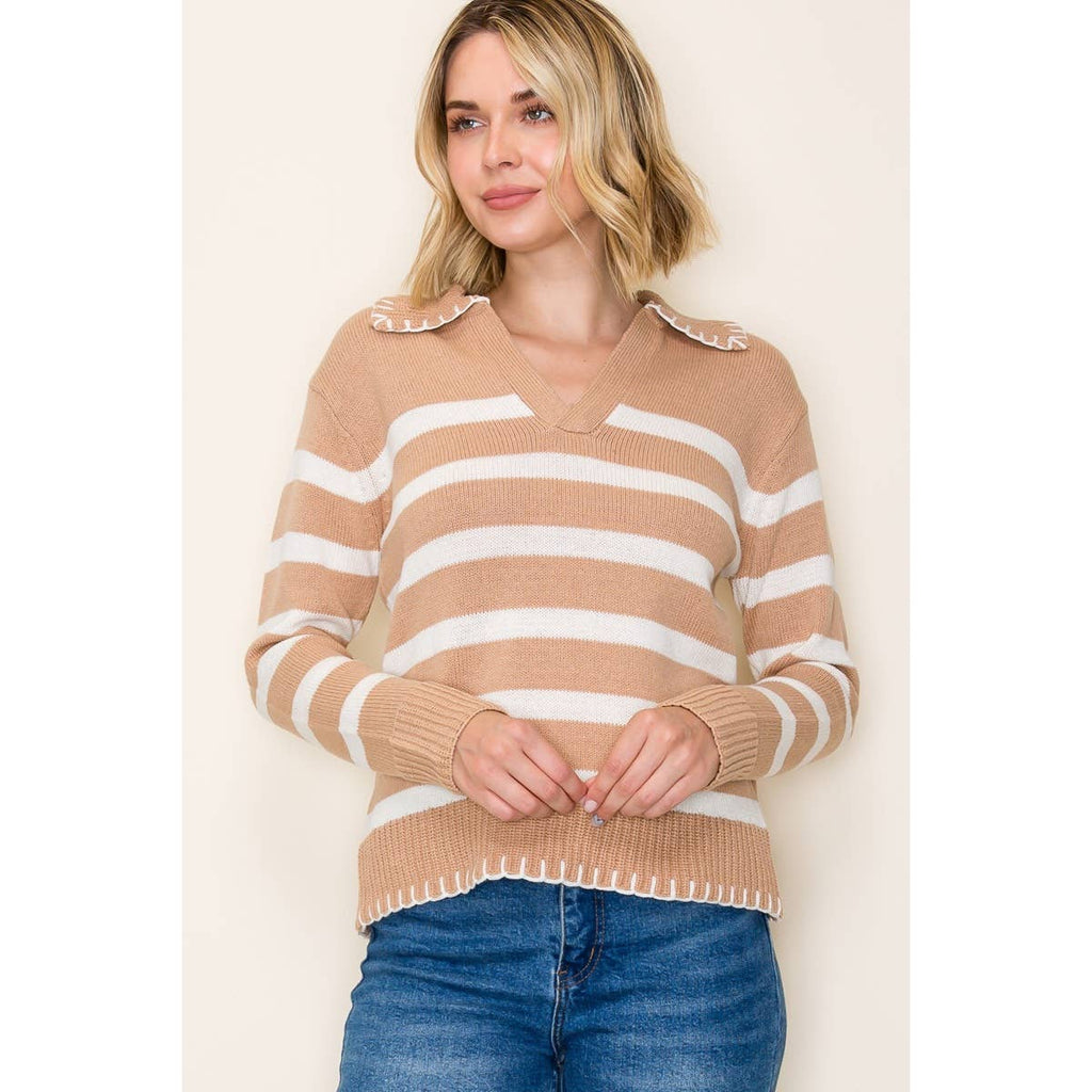 BLANKET STICH COLLAR STRIPED SWEATER