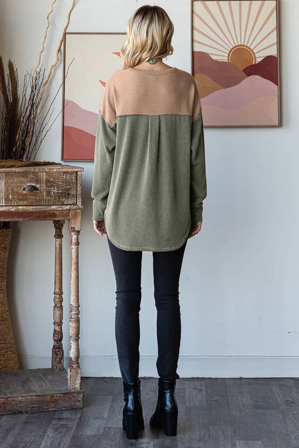 Rib Color Block Oversized Button Front Long Sleeve Top