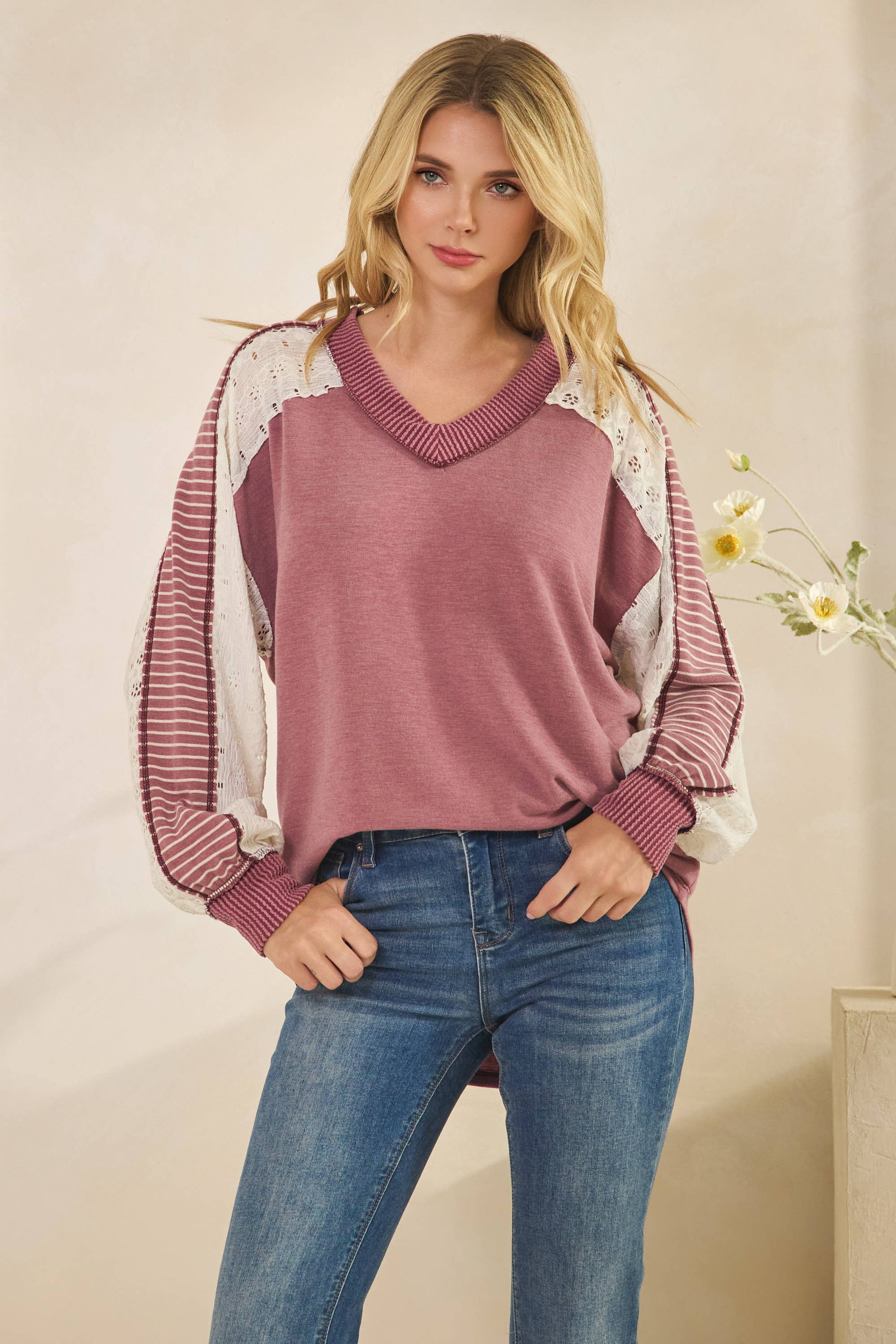 Multi Fabric Contrast V Neck Long Sleeve Top