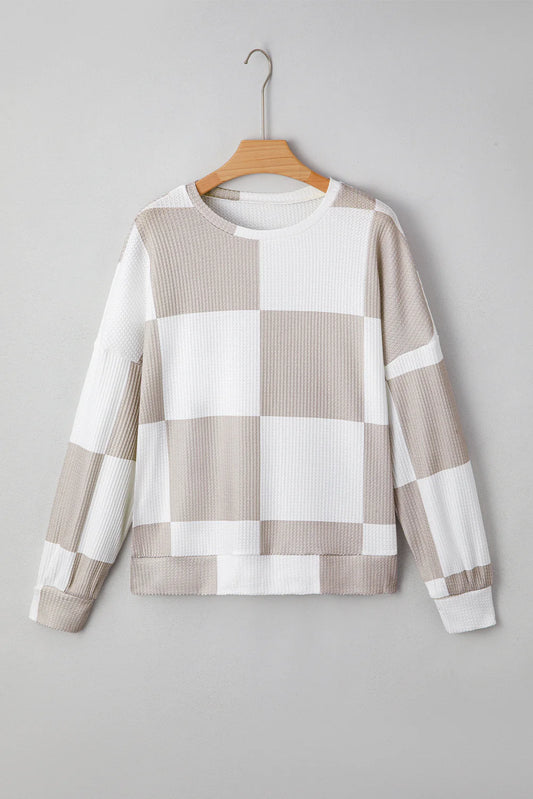 Checker Textured Knit Long Sleeve Top