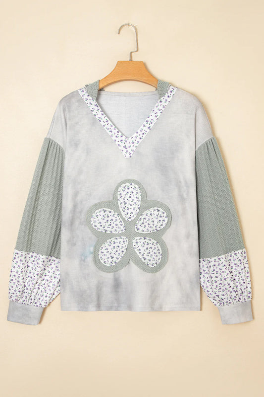 Floral Patchwork Waffle Hooded Top - Green